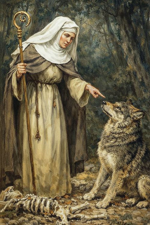 Sainte Austreberthe et le loup, illustration de la légende de Jumièges